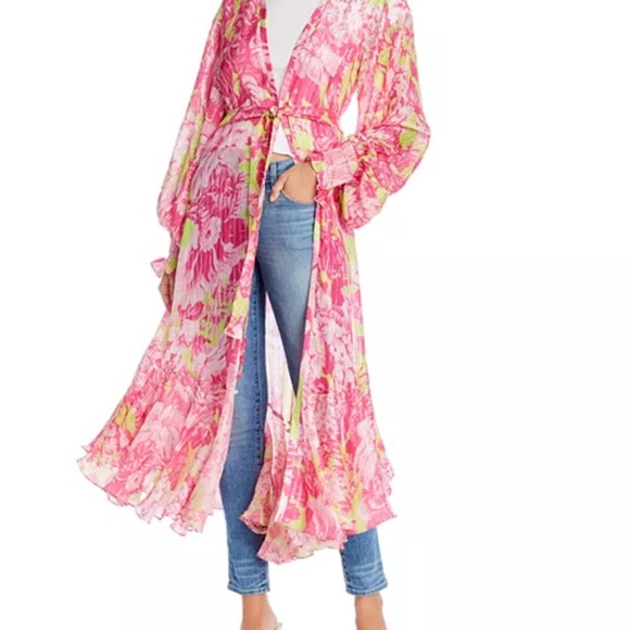 ROCCO SAND ziba coverup kimono neon pink and Green Long floral size XS - Picture 5 of 14